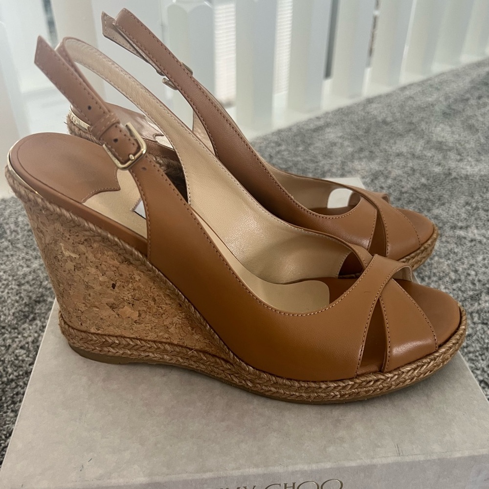 Jimmy Choo Carmel Brown Leather Wedge Sandals - Picture 11 of 13